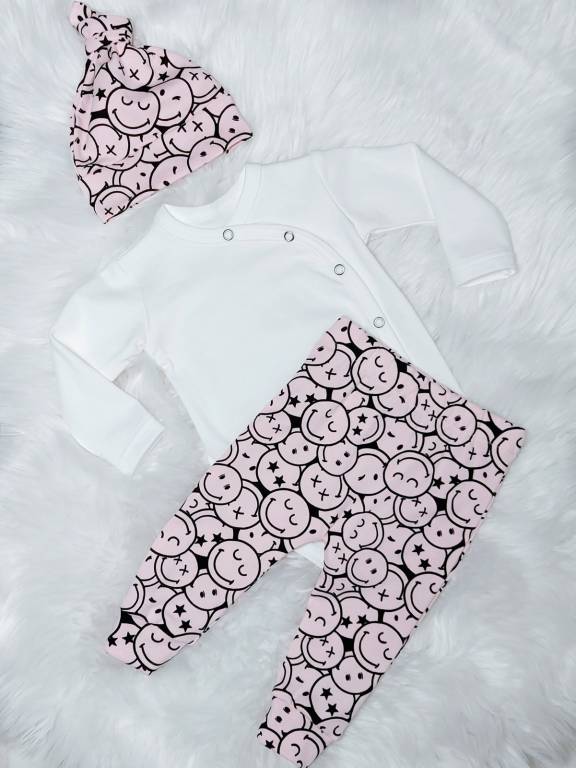 Komplet Body + Spodnie + Czapka Emotki różowy